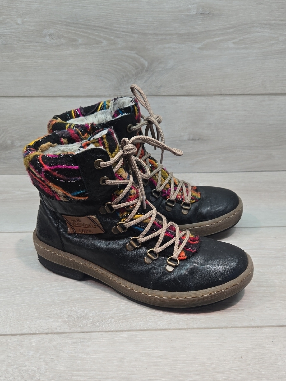 Rieker Womens Black Leather Lace-Up Winter Boots Knit Collar Shoes Sz 37/6